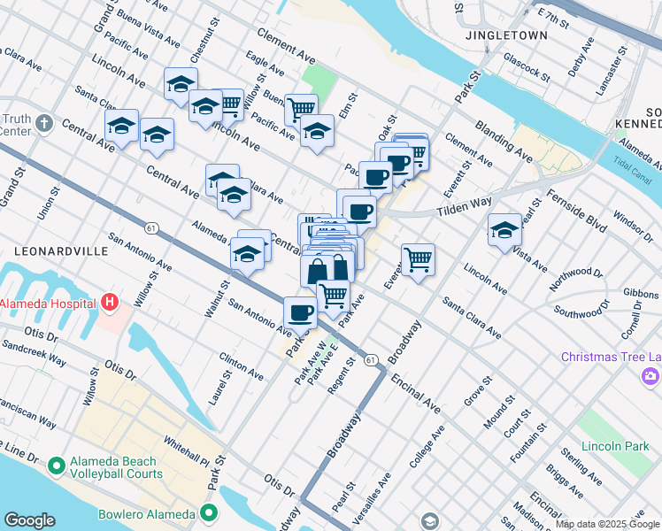 map of restaurants, bars, coffee shops, grocery stores, and more near 2317 Central Avenue in Alameda