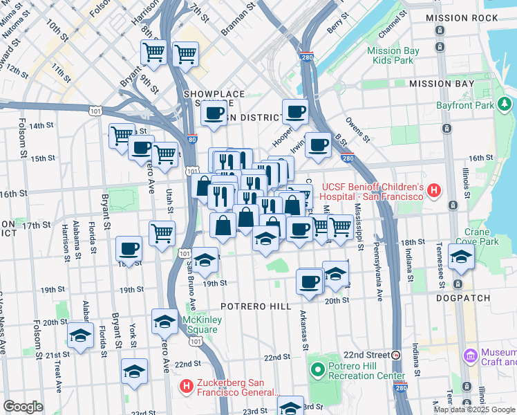 map of restaurants, bars, coffee shops, grocery stores, and more near 445 De Haro Street in San Francisco