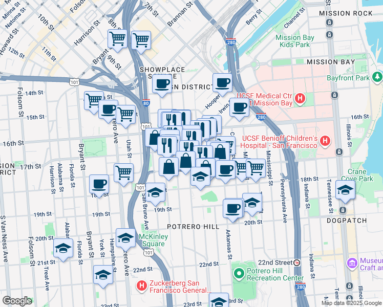 map of restaurants, bars, coffee shops, grocery stores, and more near 445 De Haro Street in San Francisco
