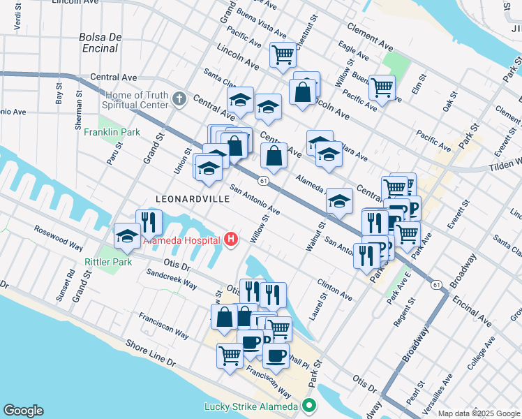 map of restaurants, bars, coffee shops, grocery stores, and more near 2060 San Antonio Avenue in Alameda