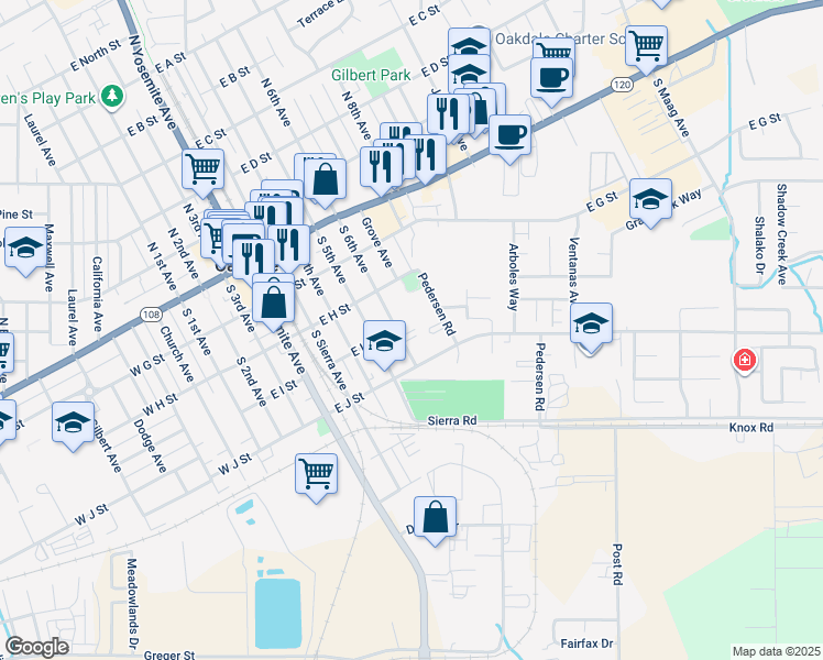 map of restaurants, bars, coffee shops, grocery stores, and more near 750 East J Street in Oakdale