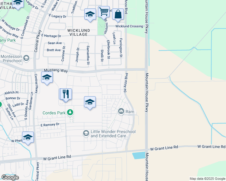 map of restaurants, bars, coffee shops, grocery stores, and more near 525 East Fuschia Way in Tracy