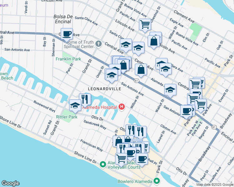 map of restaurants, bars, coffee shops, grocery stores, and more near 2025 Clinton Avenue in Alameda