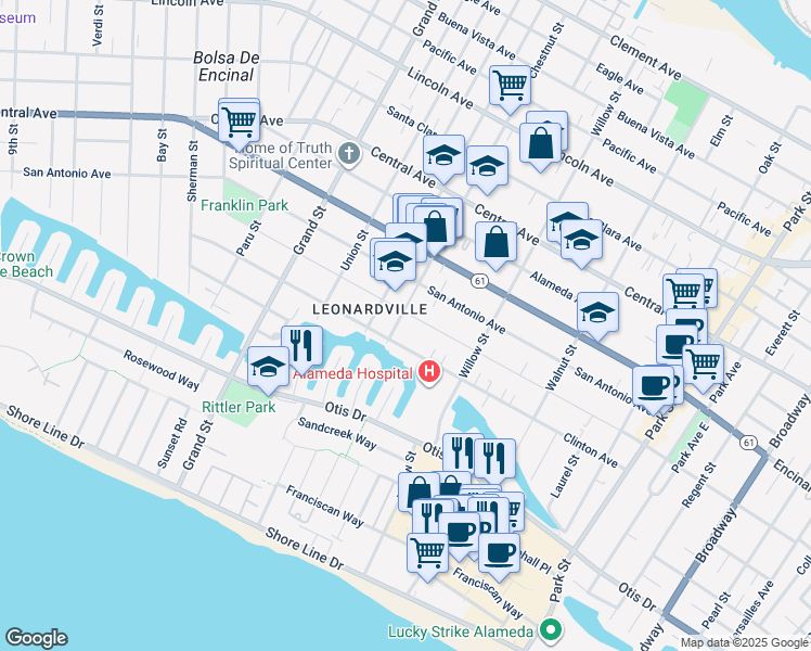 map of restaurants, bars, coffee shops, grocery stores, and more near 2025 Clinton Avenue in Alameda