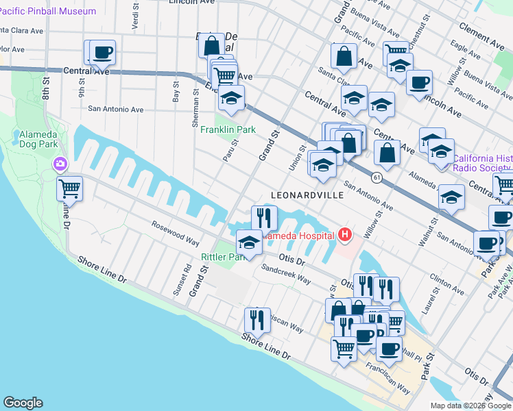 map of restaurants, bars, coffee shops, grocery stores, and more near 641 Waterview Isle in Alameda