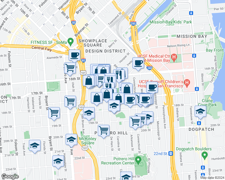 map of restaurants, bars, coffee shops, grocery stores, and more near 445 De Haro Street in San Francisco