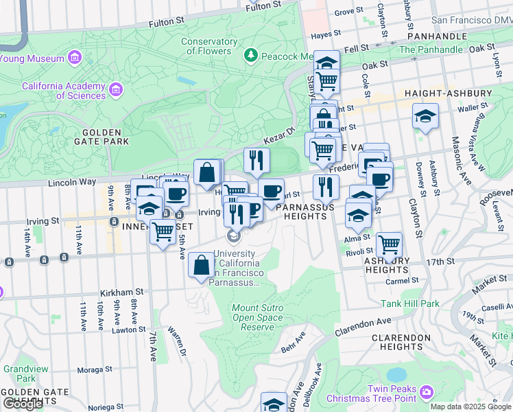 map of restaurants, bars, coffee shops, grocery stores, and more near 501 Parnassus Avenue in San Francisco
