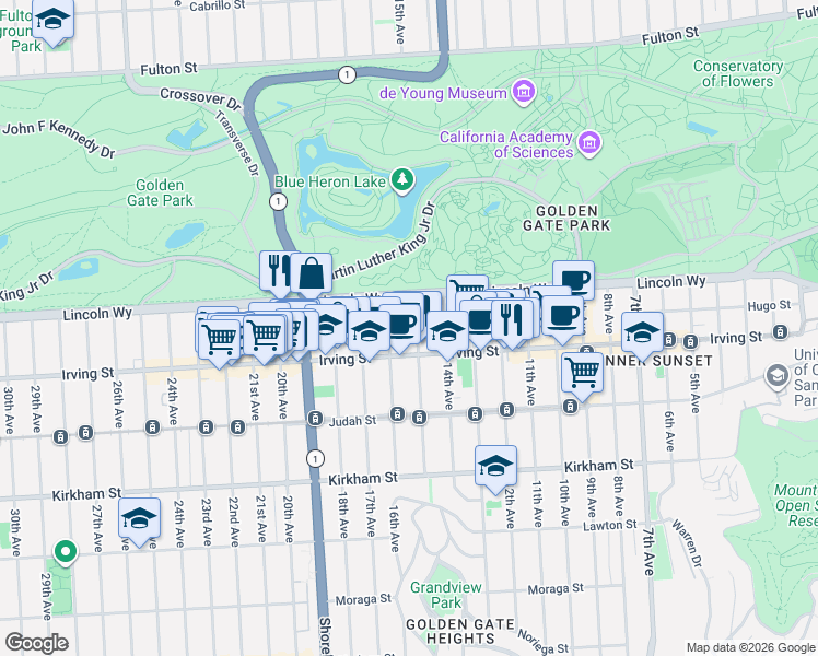 map of restaurants, bars, coffee shops, grocery stores, and more near 1434 Irving Street in San Francisco