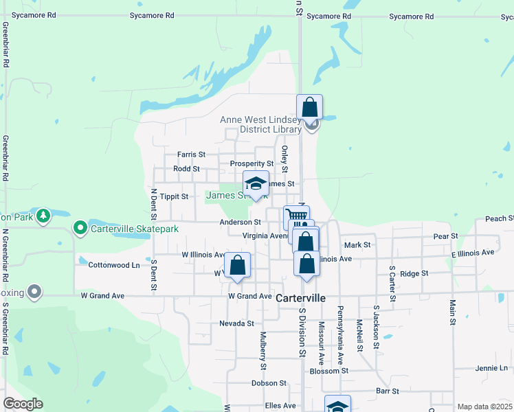 map of restaurants, bars, coffee shops, grocery stores, and more near 300 School Street in Carterville