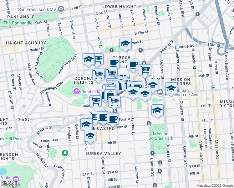 map of restaurants, bars, coffee shops, grocery stores, and more near 297 Noe Street in San Francisco