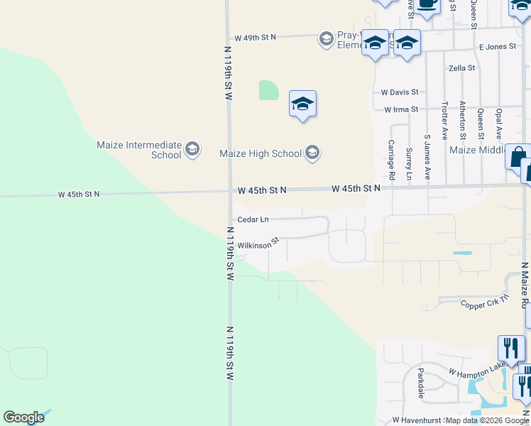map of restaurants, bars, coffee shops, grocery stores, and more near 11818 Wilkinson Court in Maize
