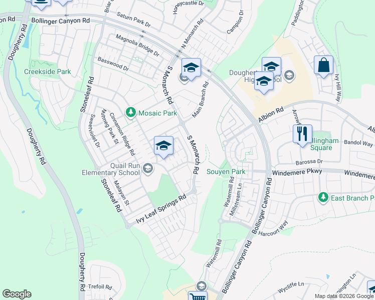 map of restaurants, bars, coffee shops, grocery stores, and more near 5027 Barrenstar Way in San Ramon