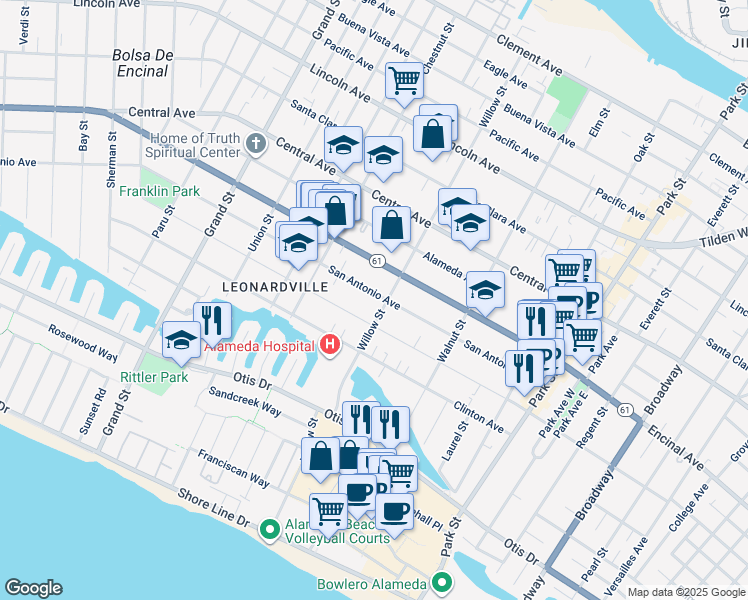 map of restaurants, bars, coffee shops, grocery stores, and more near 2060 San Antonio Avenue in Alameda