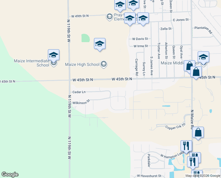 map of restaurants, bars, coffee shops, grocery stores, and more near 11504 Cassie Lane in Maize