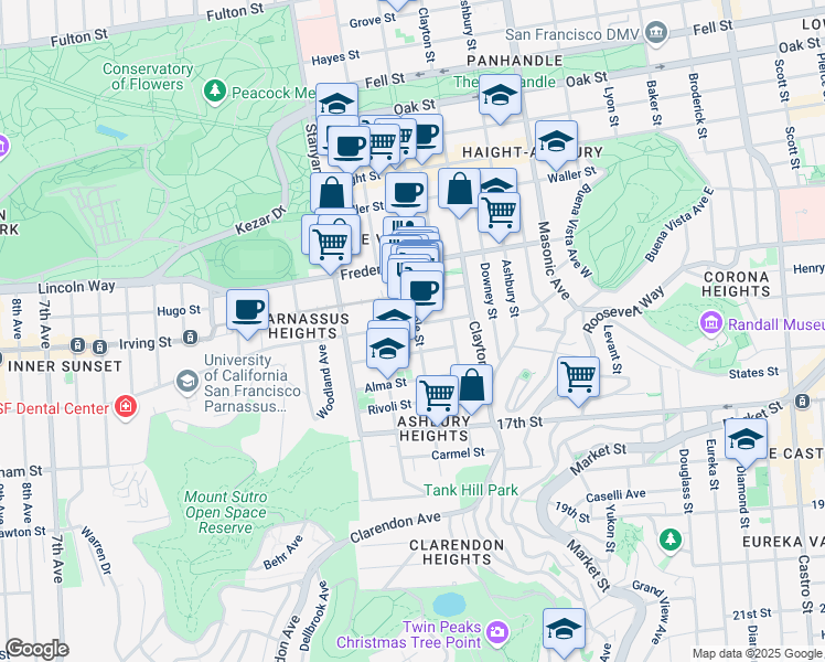 map of restaurants, bars, coffee shops, grocery stores, and more near 83 Grattan Street in San Francisco