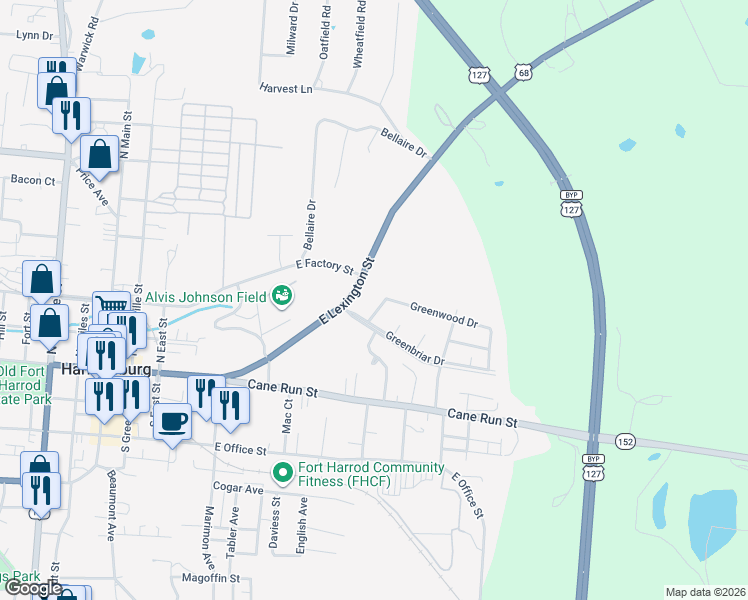 map of restaurants, bars, coffee shops, grocery stores, and more near 602 Greenbriar Drive in Harrodsburg