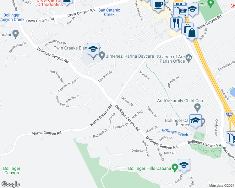 map of restaurants, bars, coffee shops, grocery stores, and more near 3680 Norris Canyon Road in San Ramon