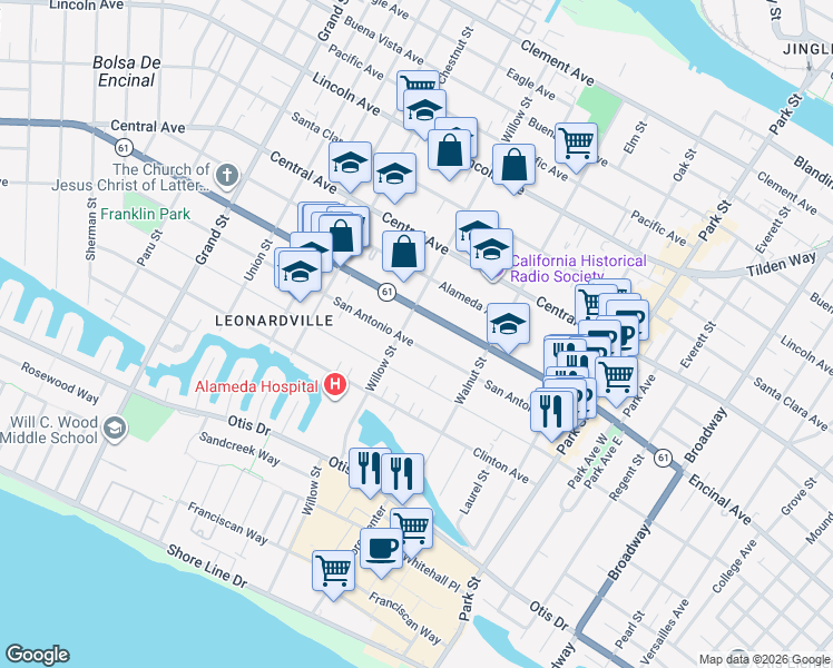 map of restaurants, bars, coffee shops, grocery stores, and more near 2111 San Antonio Avenue in Alameda