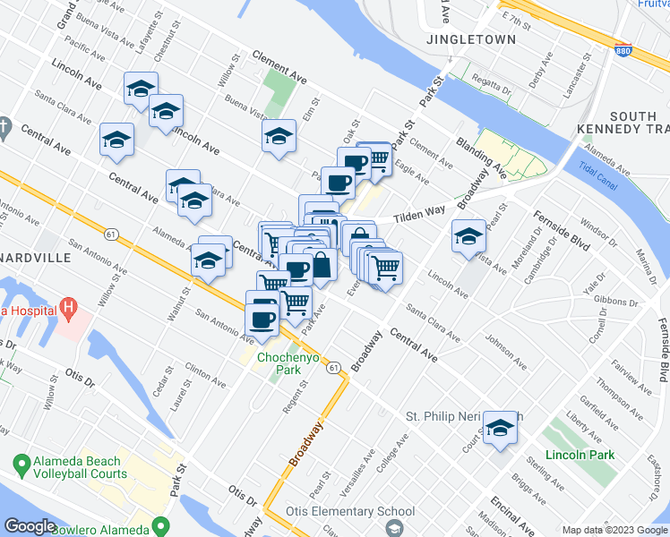 map of restaurants, bars, coffee shops, grocery stores, and more near 2420 Santa Clara Avenue in Alameda