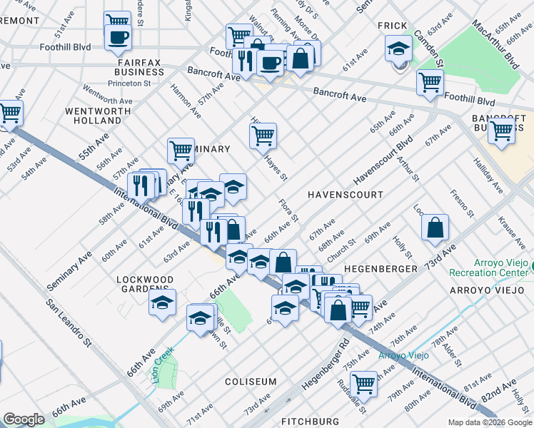 map of restaurants, bars, coffee shops, grocery stores, and more near 1825 66th Avenue in Oakland