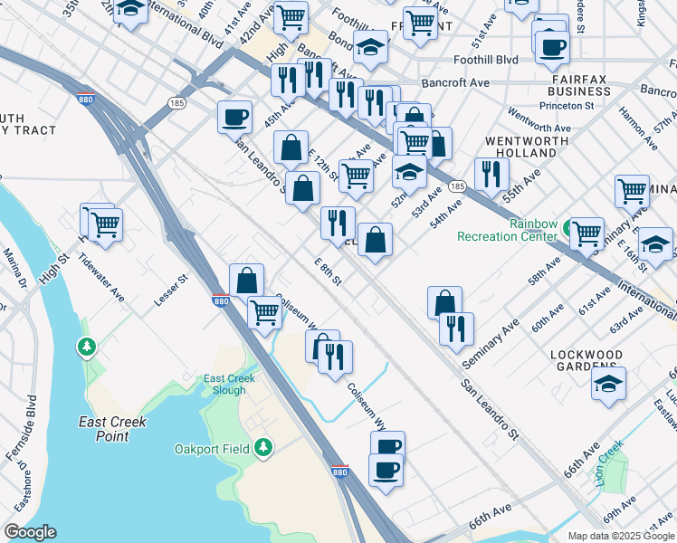 map of restaurants, bars, coffee shops, grocery stores, and more near 5309 East 8th Street in Oakland