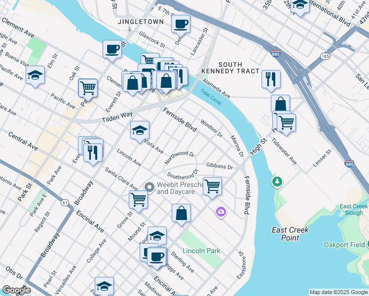 map of restaurants, bars, coffee shops, grocery stores, and more near 2986 Northwood Drive in Alameda
