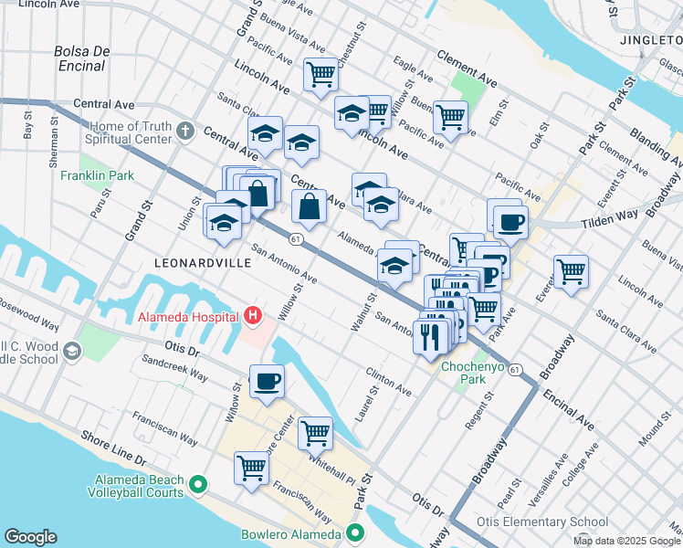map of restaurants, bars, coffee shops, grocery stores, and more near 2137 San Antonio Avenue in Alameda