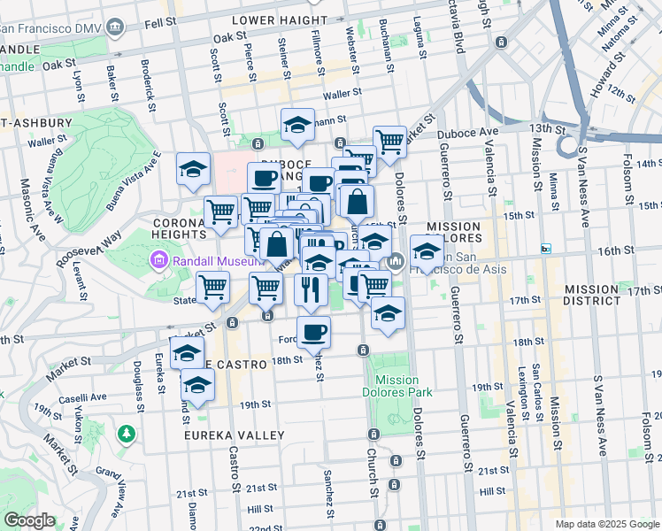 map of restaurants, bars, coffee shops, grocery stores, and more near 9 Dehon Street in San Francisco