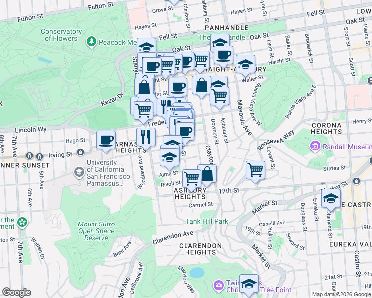 map of restaurants, bars, coffee shops, grocery stores, and more near 83 Grattan Street in San Francisco