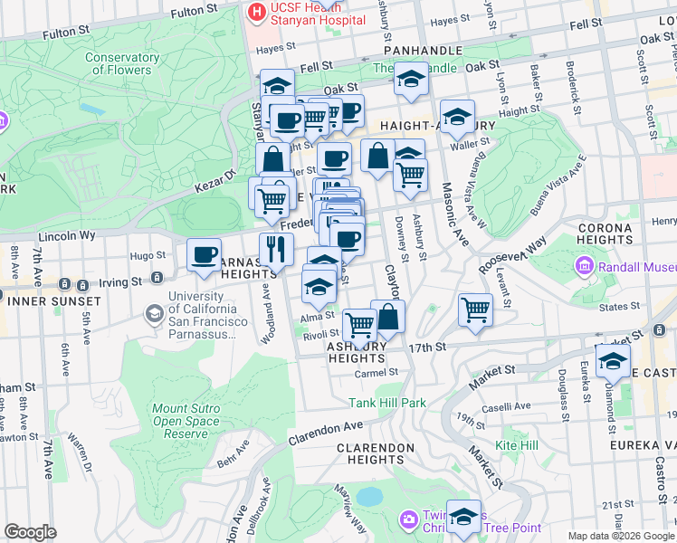map of restaurants, bars, coffee shops, grocery stores, and more near 83 Grattan Street in San Francisco