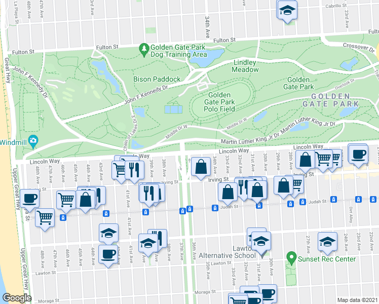map of restaurants, bars, coffee shops, grocery stores, and more near Lincoln Way & 36th Avenue in San Francisco