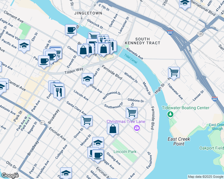 map of restaurants, bars, coffee shops, grocery stores, and more near 1728 Cambridge Drive in Alameda