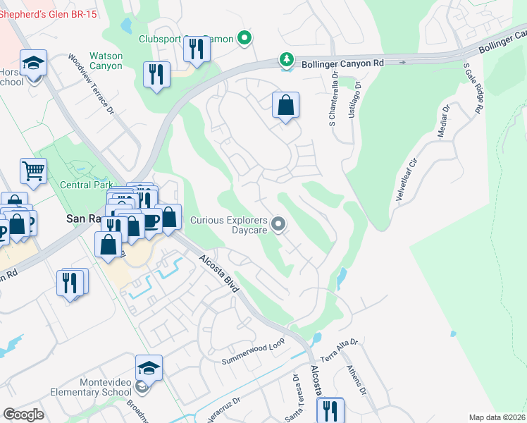 map of restaurants, bars, coffee shops, grocery stores, and more near 1139 Canyon Hills Road in San Ramon