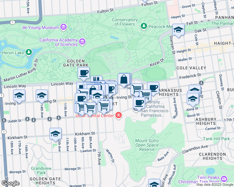 map of restaurants, bars, coffee shops, grocery stores, and more near 333 Irving Street in San Francisco