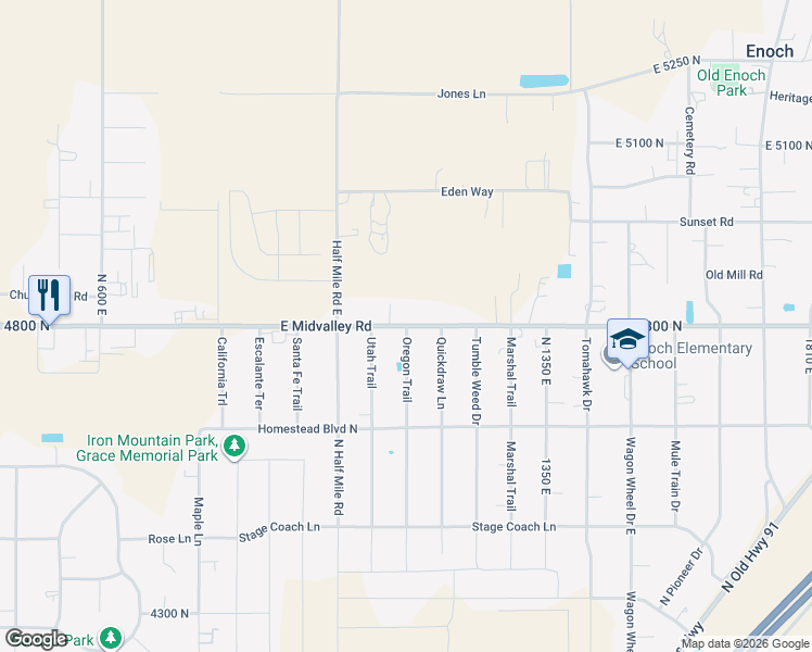 map of restaurants, bars, coffee shops, grocery stores, and more near East Midvalley Road in Enoch