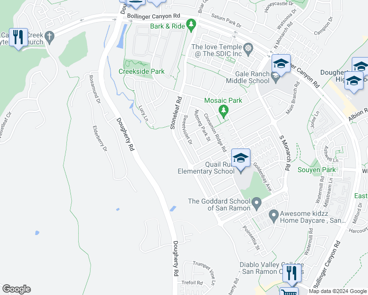 map of restaurants, bars, coffee shops, grocery stores, and more near 7672 Stoneleaf Road in San Ramon