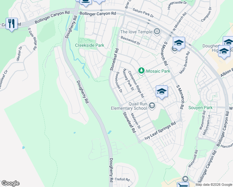map of restaurants, bars, coffee shops, grocery stores, and more near 7672 Stoneleaf Road in San Ramon