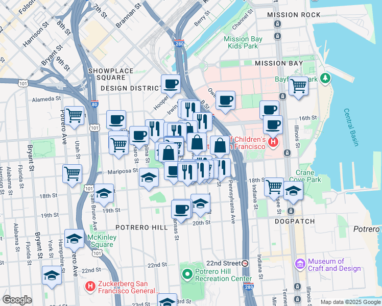map of restaurants, bars, coffee shops, grocery stores, and more near 1316 Mariposa Street in San Francisco