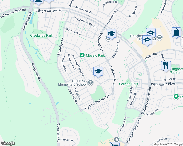map of restaurants, bars, coffee shops, grocery stores, and more near 1297 Bayberry View Lane in San Ramon