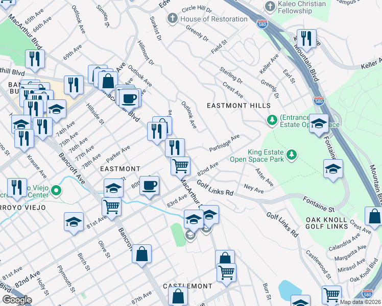map of restaurants, bars, coffee shops, grocery stores, and more near 8010 Ney Avenue in Oakland