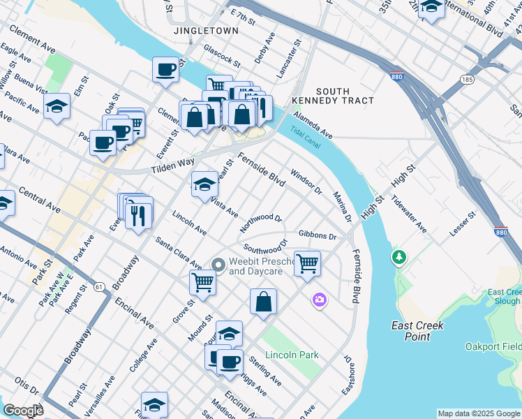 map of restaurants, bars, coffee shops, grocery stores, and more near 1728 Cambridge Drive in Alameda