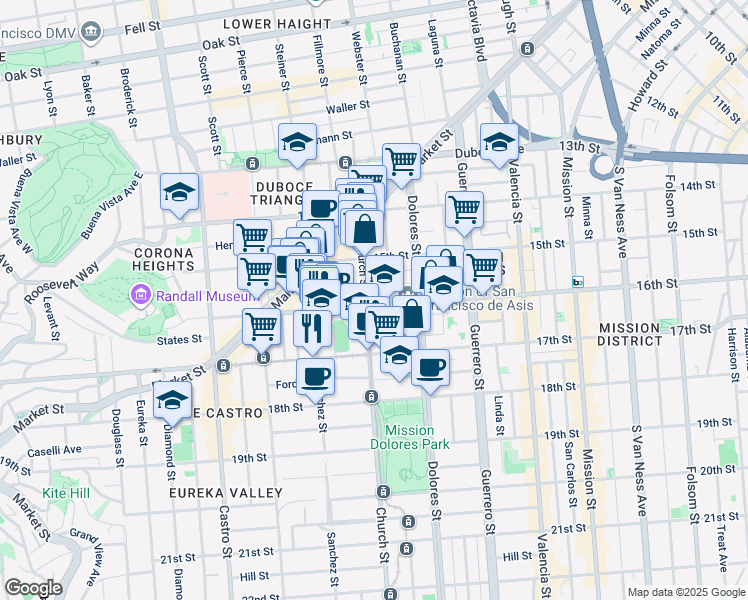 map of restaurants, bars, coffee shops, grocery stores, and more near 3386 16th Street in San Francisco