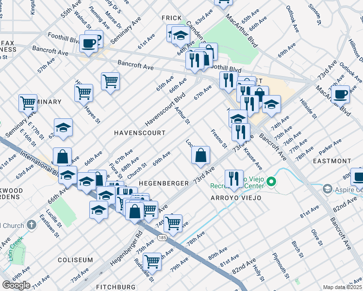 map of restaurants, bars, coffee shops, grocery stores, and more near 2006 69th Avenue in Oakland