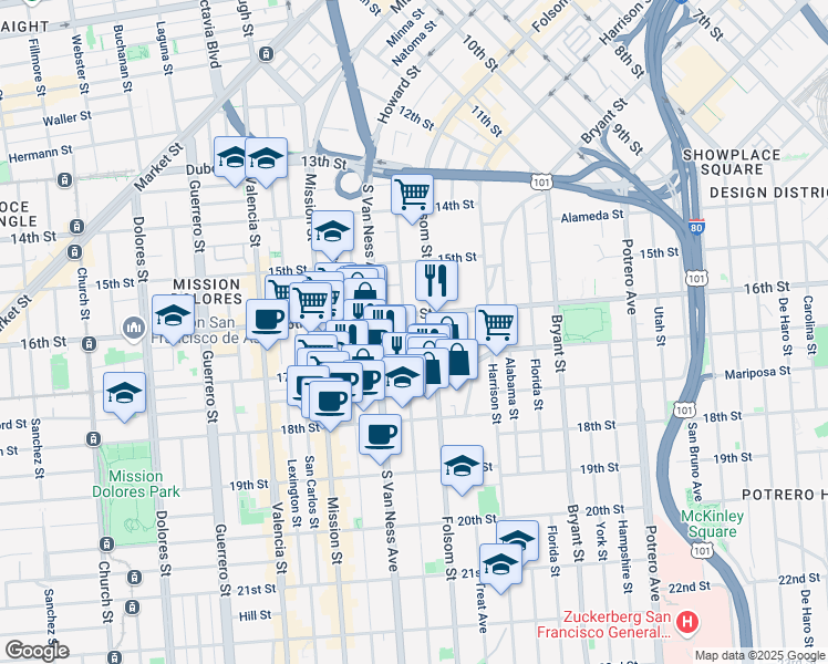 map of restaurants, bars, coffee shops, grocery stores, and more near 2000 Folsom Street in San Francisco