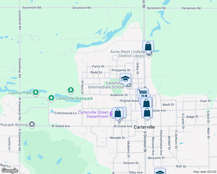 map of restaurants, bars, coffee shops, grocery stores, and more near 500-698 Anderson Street in Carterville