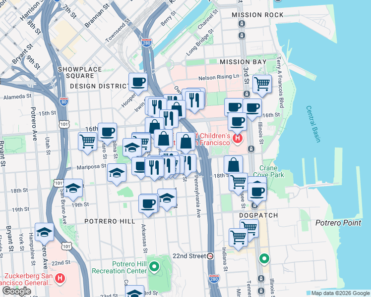 map of restaurants, bars, coffee shops, grocery stores, and more near 135 Mississippi Street in San Francisco