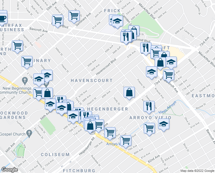 map of restaurants, bars, coffee shops, grocery stores, and more near 2031 Church Street in Oakland