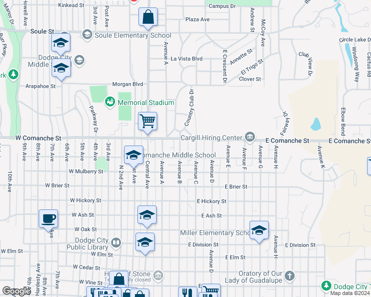 map of restaurants, bars, coffee shops, grocery stores, and more near 301-399 East Magnolia Street in Dodge City