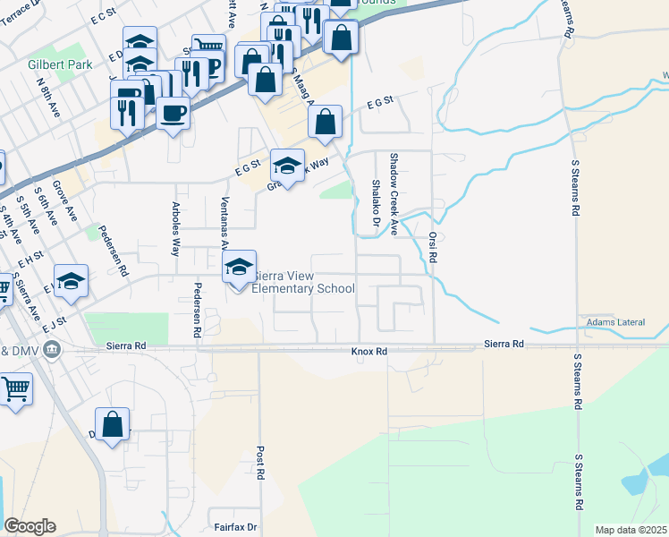 map of restaurants, bars, coffee shops, grocery stores, and more near 1450 East J Street in Oakdale