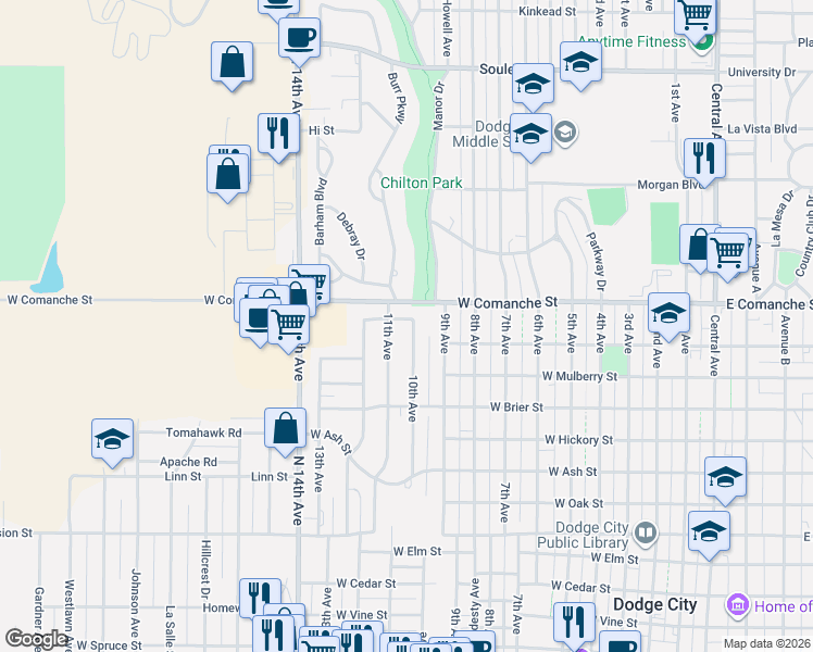map of restaurants, bars, coffee shops, grocery stores, and more near 1800-1828 Burr Pkwy in Dodge City